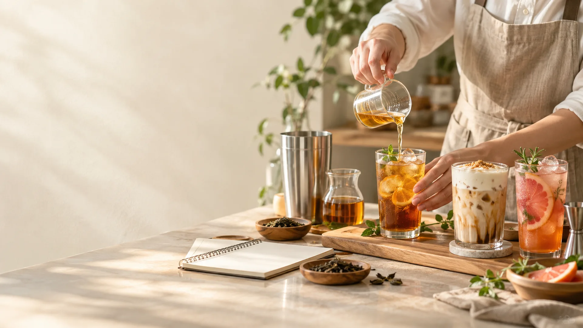 Ảnh minh họa: bàn phát triển công thức đồ uống, tay rót trà vào ly đá bên các ly đồ uống hoàn chỉnh