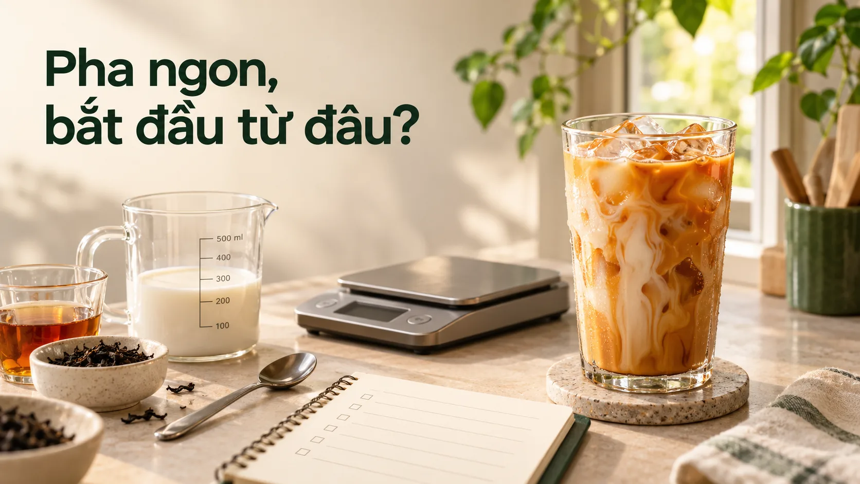 Ảnh minh họa: bàn pha chế với ly trà sữa, sổ ghi chép công thức và các dụng cụ đong nguyên liệu