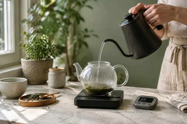 Rót nước nóng từ ấm cổ ngỗng vào bình thủy tinh có lá trà, đặt trên cân điện tử cạnh đồng hồ hẹn giờ