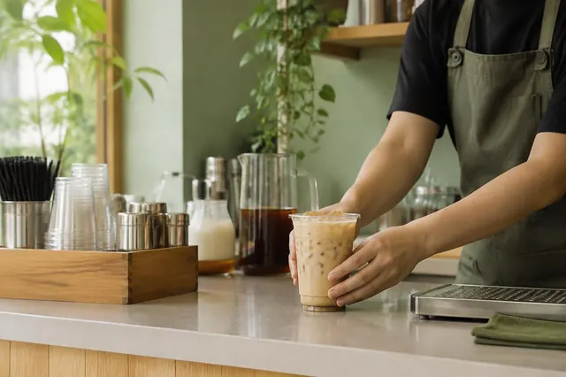 Người pha chế đặt ly trà sữa đá lên quầy của một quán đồ uống nhỏ