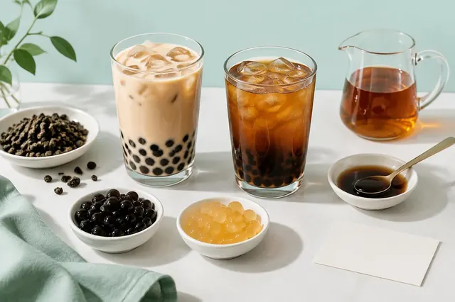 Bàn thử món với ly trà sữa trân châu, ly trà đường đen, chén trân châu, syrup và thẻ ghi chú trống